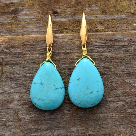 Natural Turquoise Stone Teardrop Dangle Earrings Blue Gemstone Gold Hook Earring - Picture 1 of 3